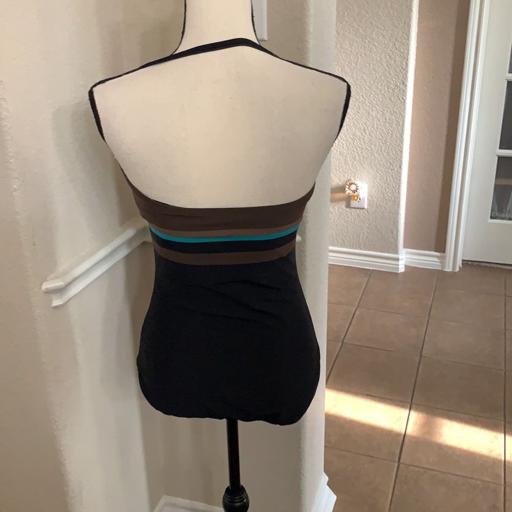 DKNY black, brown & teal striped one piece swimsuit halter Size M - Picture 4 of 17